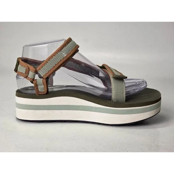 Teva Flatform Women's Sandal Size 6 EU 37 Green Olive Mesh Print Platform Shoes - Picture 2 of 12
